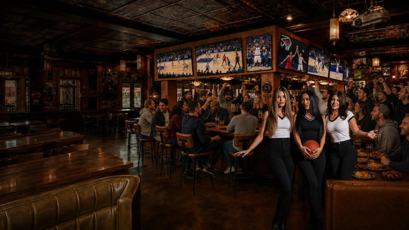 Packed tavern crowd watching NBA and college basketball on the wall of HDTVs at Mother Tucker's Tavern in Old Town Scottsdale, with staff members holding a basketball.