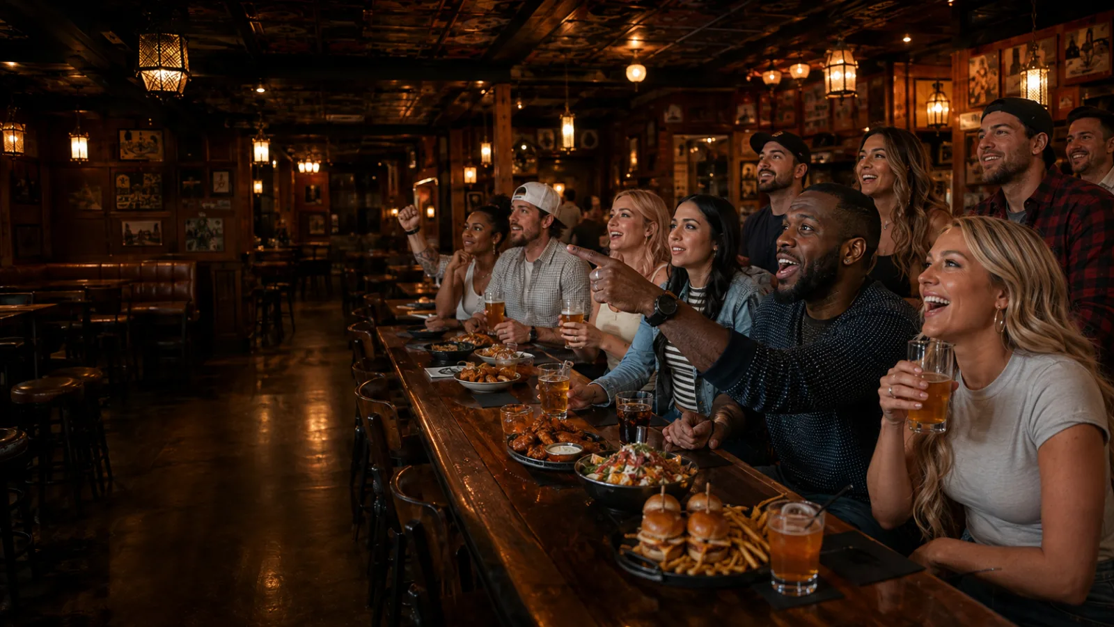 Packed row of cheering fans along a long wooden bar rail with beers, wings, sliders and fries in front of them, watching football at Mother Tucker's Tavern in Old Town Scottsdale.