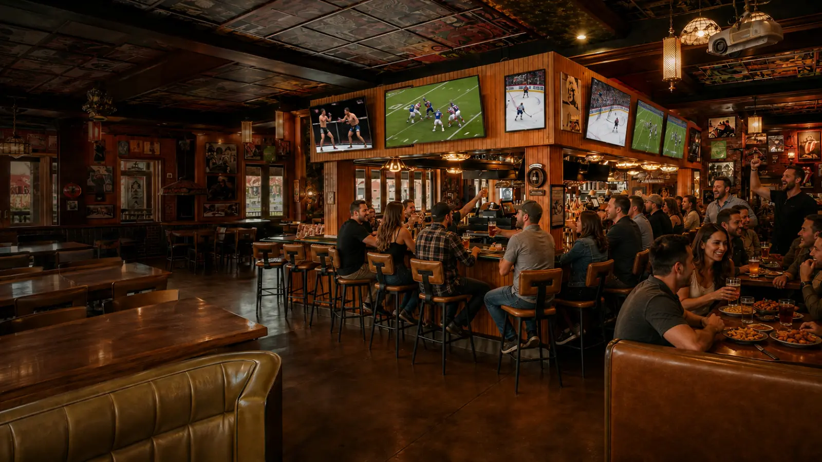 Mother Tucker's Tavern interior with a wall of HDTVs showing sports